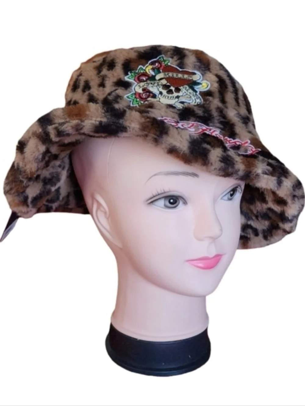 Ed Hardy Leopard‎ Faux Fur Bucket Hat Skull Roses Y2K Tattoo One Size